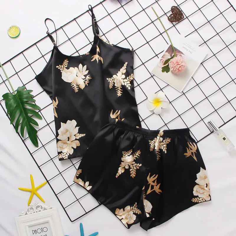 Print women 2 Pieces Sleepwear Pyjamas Silk Satin Cami Top And Shorts Pajamas