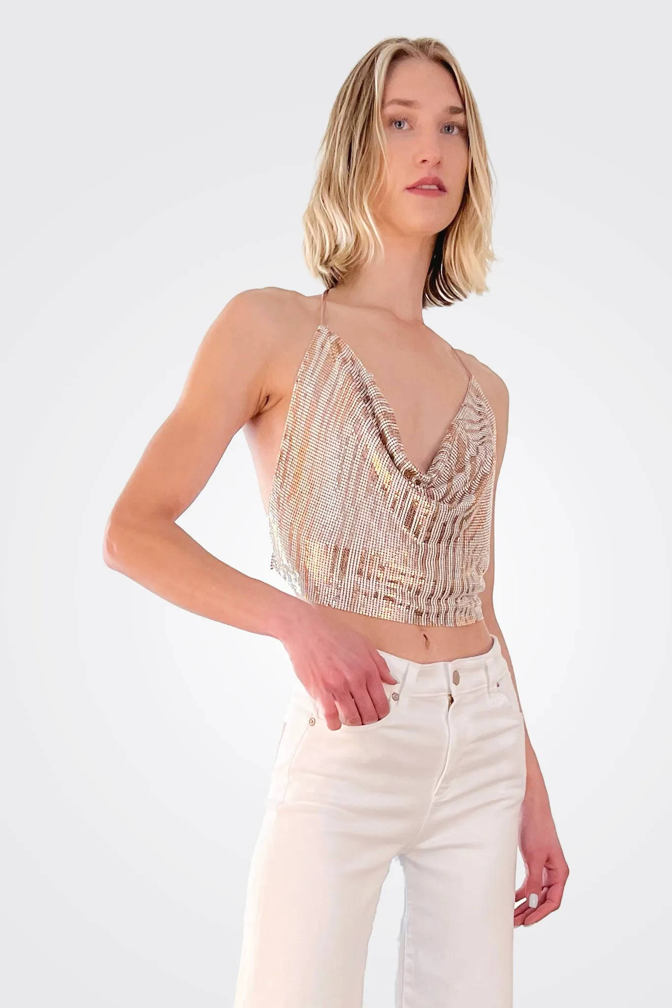 Printed Rosa Halter Tank Top - Rose Gold