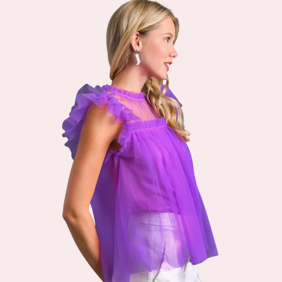 Purple mesh ruffle sleeve & round neck top