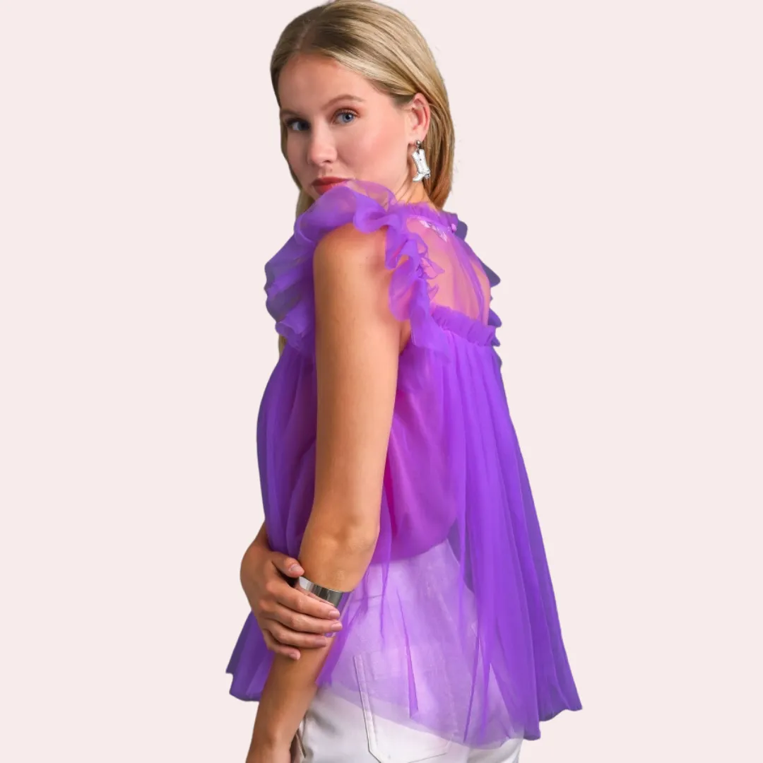 Purple mesh ruffle sleeve & round neck top