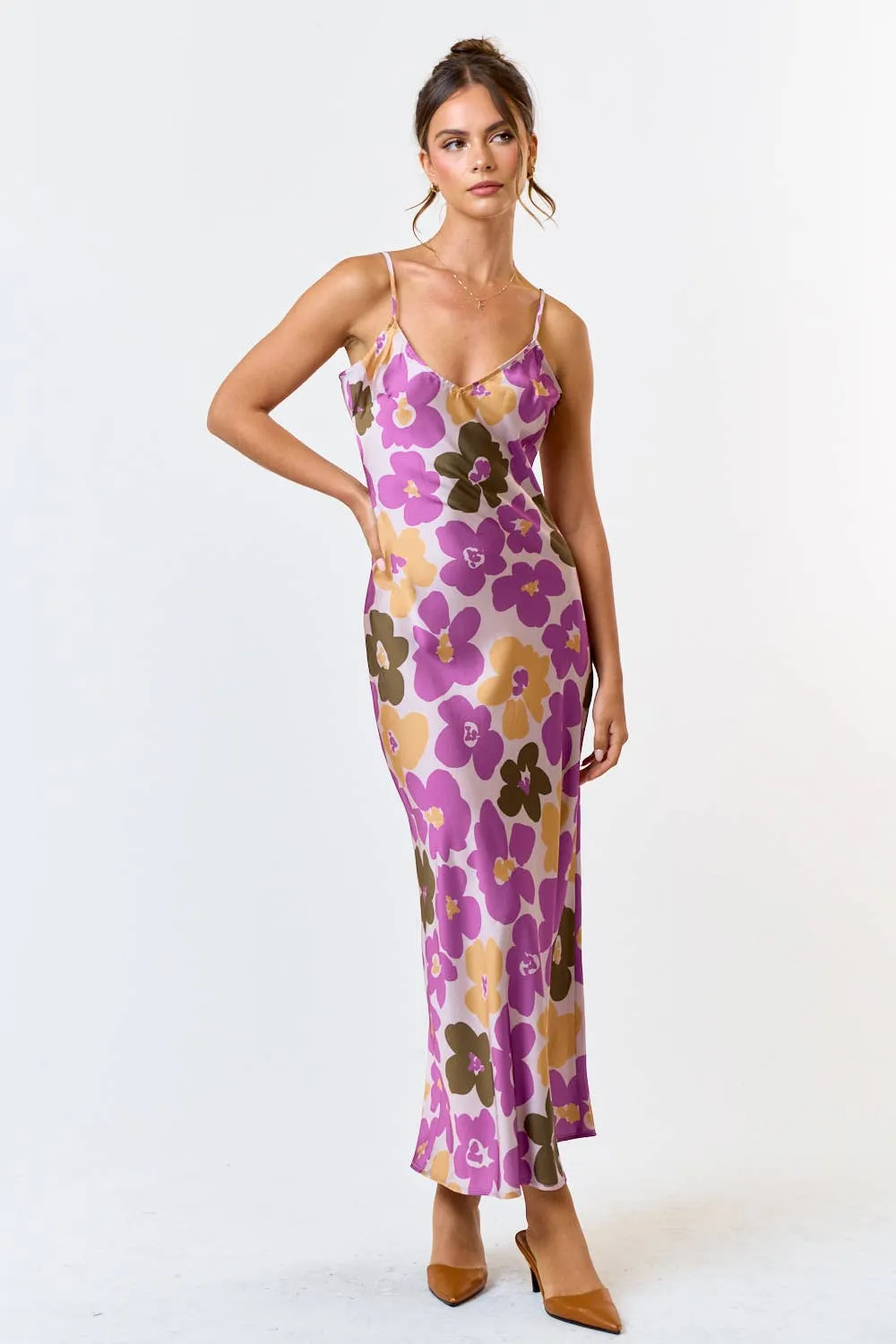 Purple Satin Midi Dress