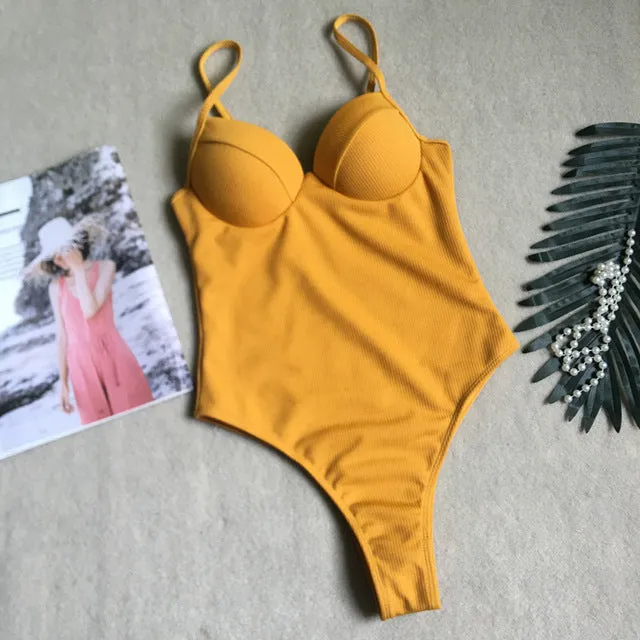 Push up thong bikini 2019 High cut one piece swimsuit female monokini String sexy bathing suit Ribbed backless bodysuit swimwear