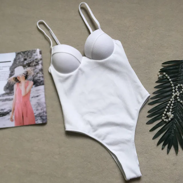 Push up thong bikini 2019 High cut one piece swimsuit female monokini String sexy bathing suit Ribbed backless bodysuit swimwear