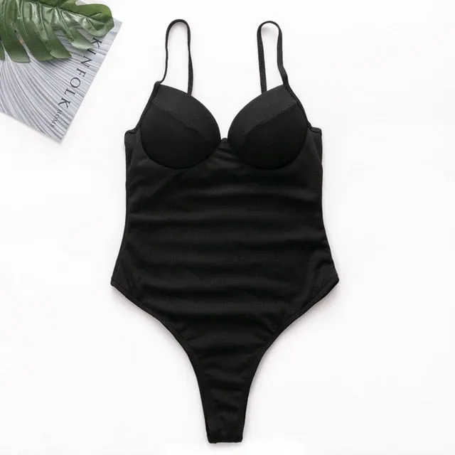 Push up thong bikini 2019 High cut one piece swimsuit female monokini String sexy bathing suit Ribbed backless bodysuit swimwear