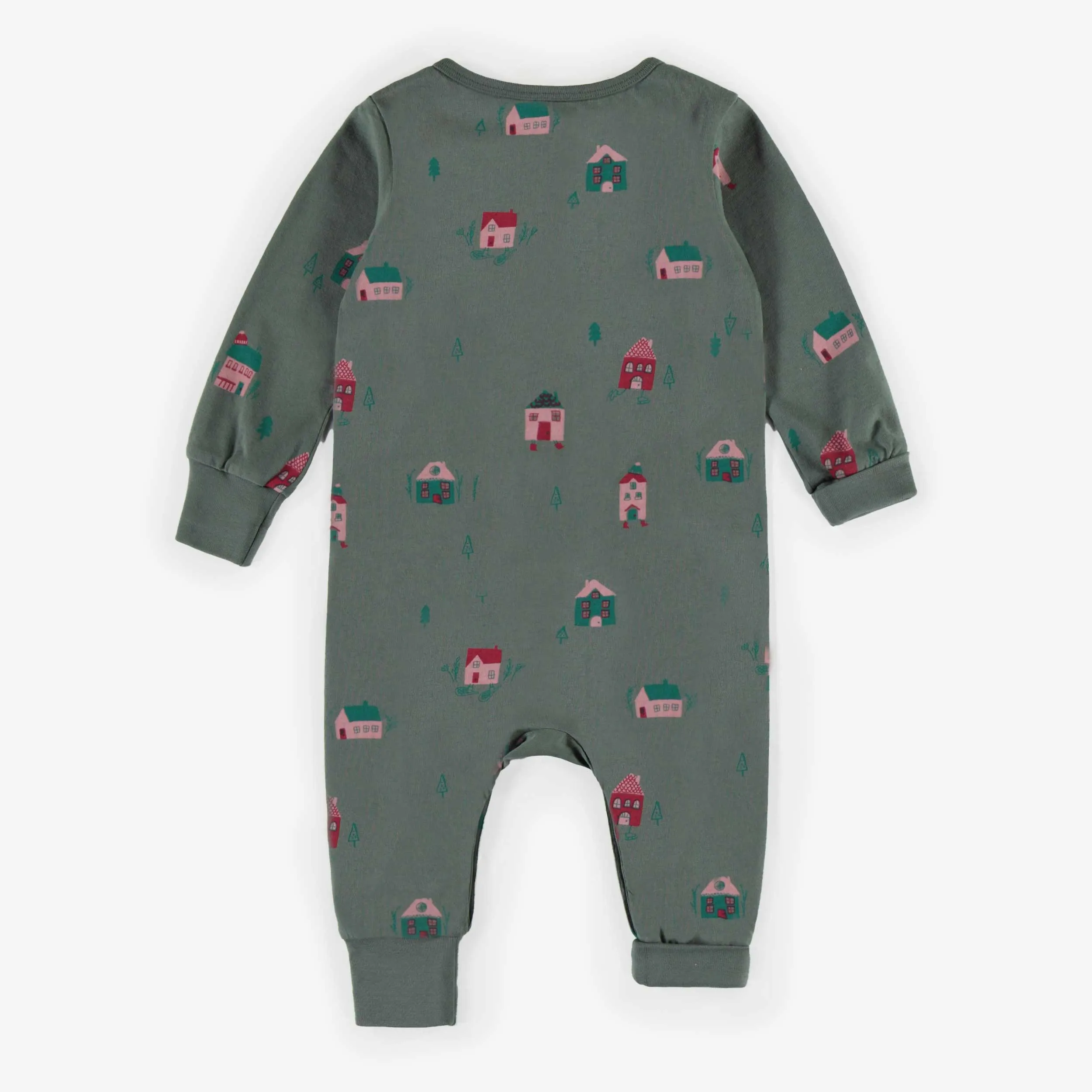 Pyjama des Fêtes une-pièce vert à motifs de maisons, bébé || Green one-piece Holiday pajamas with houses pattern, baby