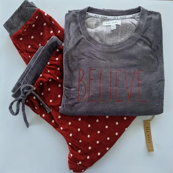 Rae Dunn BELIEVE Plush Velour Long Sleeve Top &amp; Cozy Jogger Pajama Set XL NWT