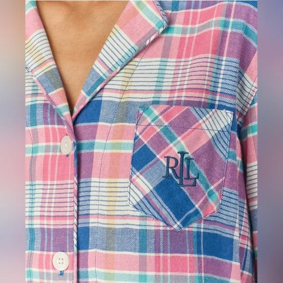 RALPH LAUREN Women's 2-Pc. Notched-Collar Plaod Pajamas Set Size Large NWT