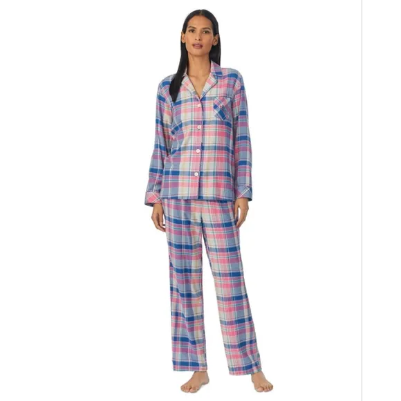 RALPH LAUREN Women's 2-Pc. Notched-Collar Plaod Pajamas Set Size Large NWT