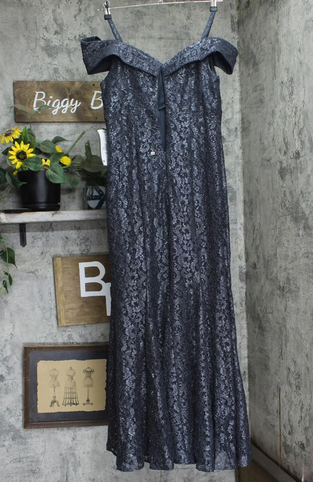 R&M Richards Off-The-Shoulder Lace Gown- Mother of The Bride Dress Steel Gray 12