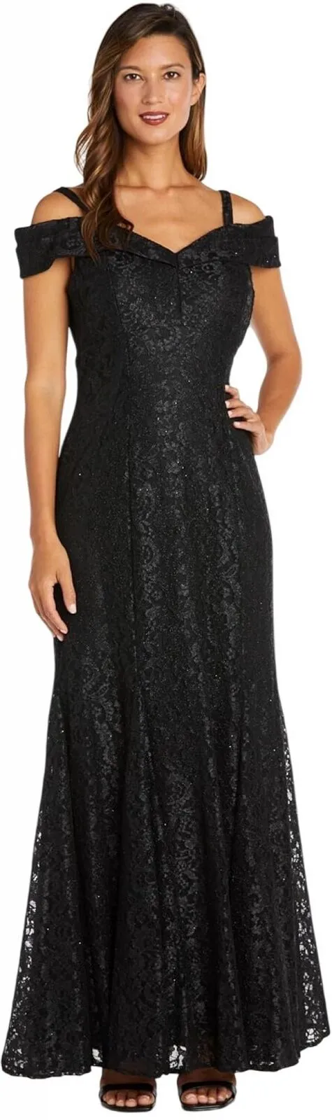 R&M Richards Off-The-Shoulder Lace Gown- Mother of The Bride Dress Steel Gray 12