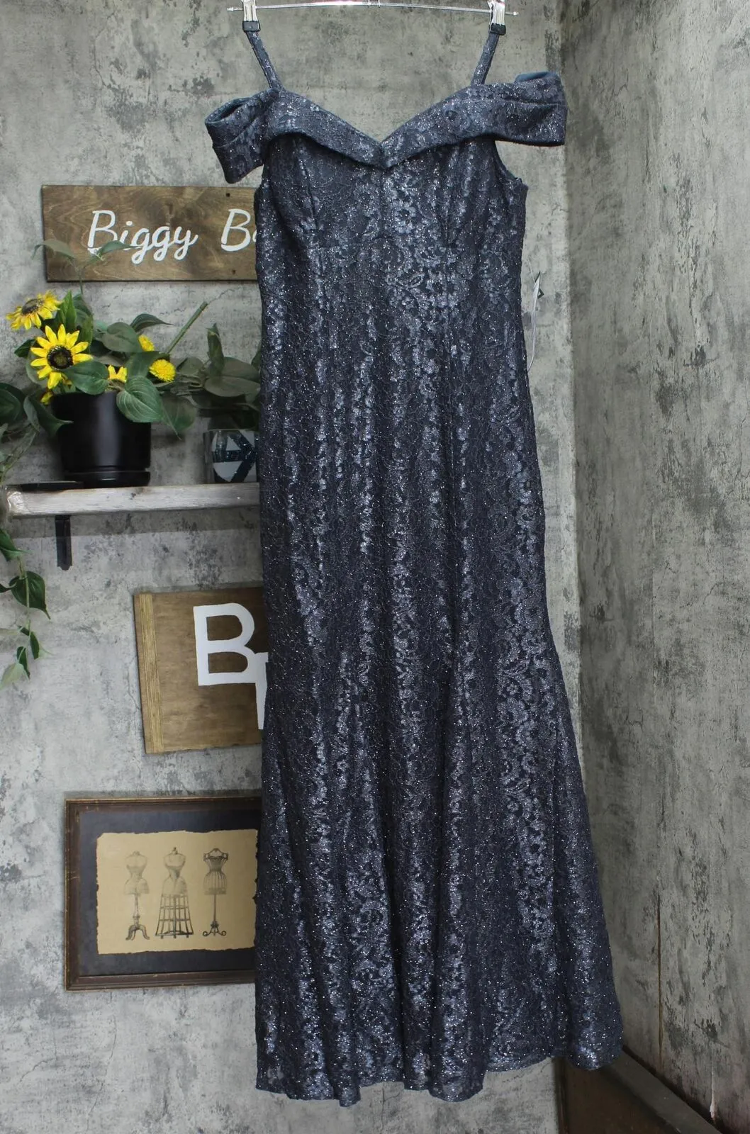 R&M Richards Off-The-Shoulder Lace Gown- Mother of The Bride Dress Steel Gray 12