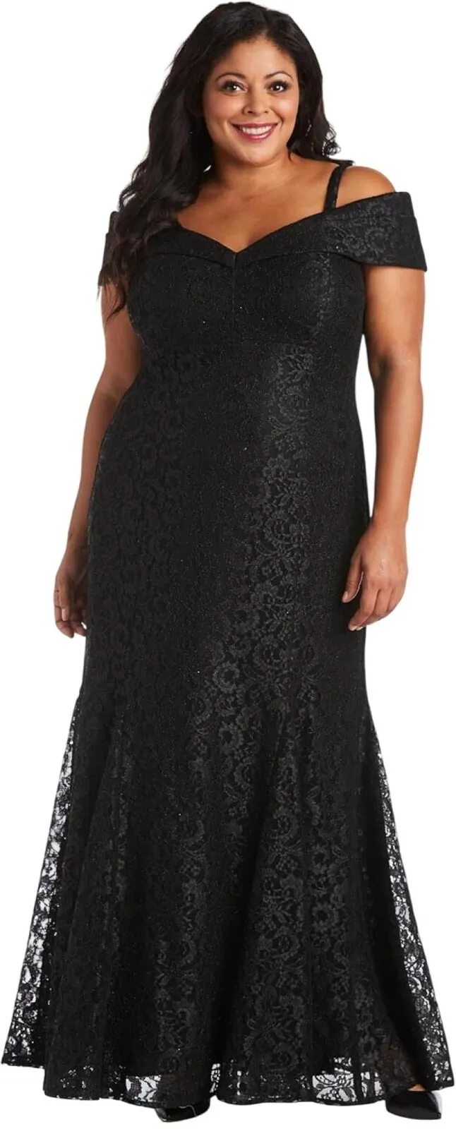 R&M Richards Off-The-Shoulder Lace Gown- Mother of The Bride Dress Steel Gray 12