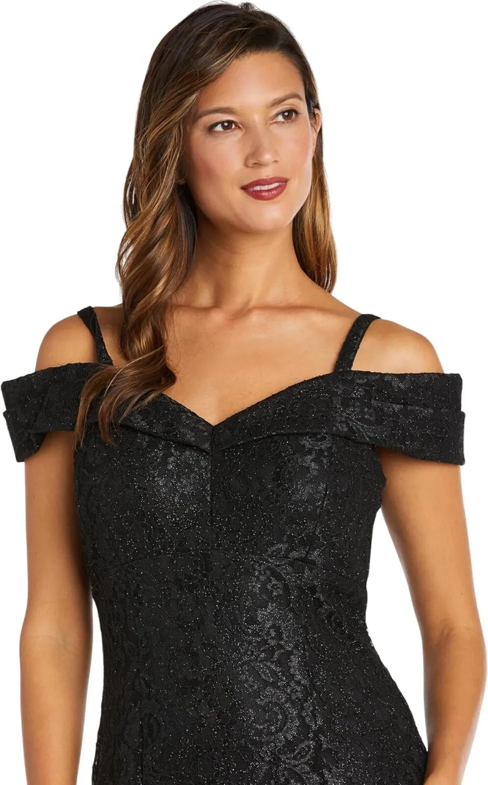 R&M Richards Off-The-Shoulder Lace Gown- Mother of The Bride Dress Steel Gray 12