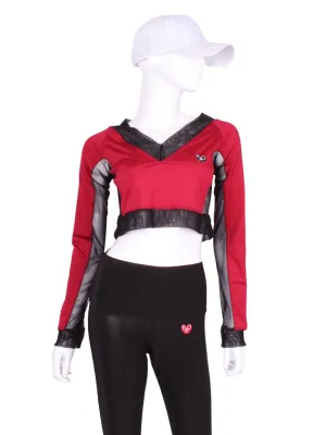 Raspberry Red Vee Crop Top With Black Mesh