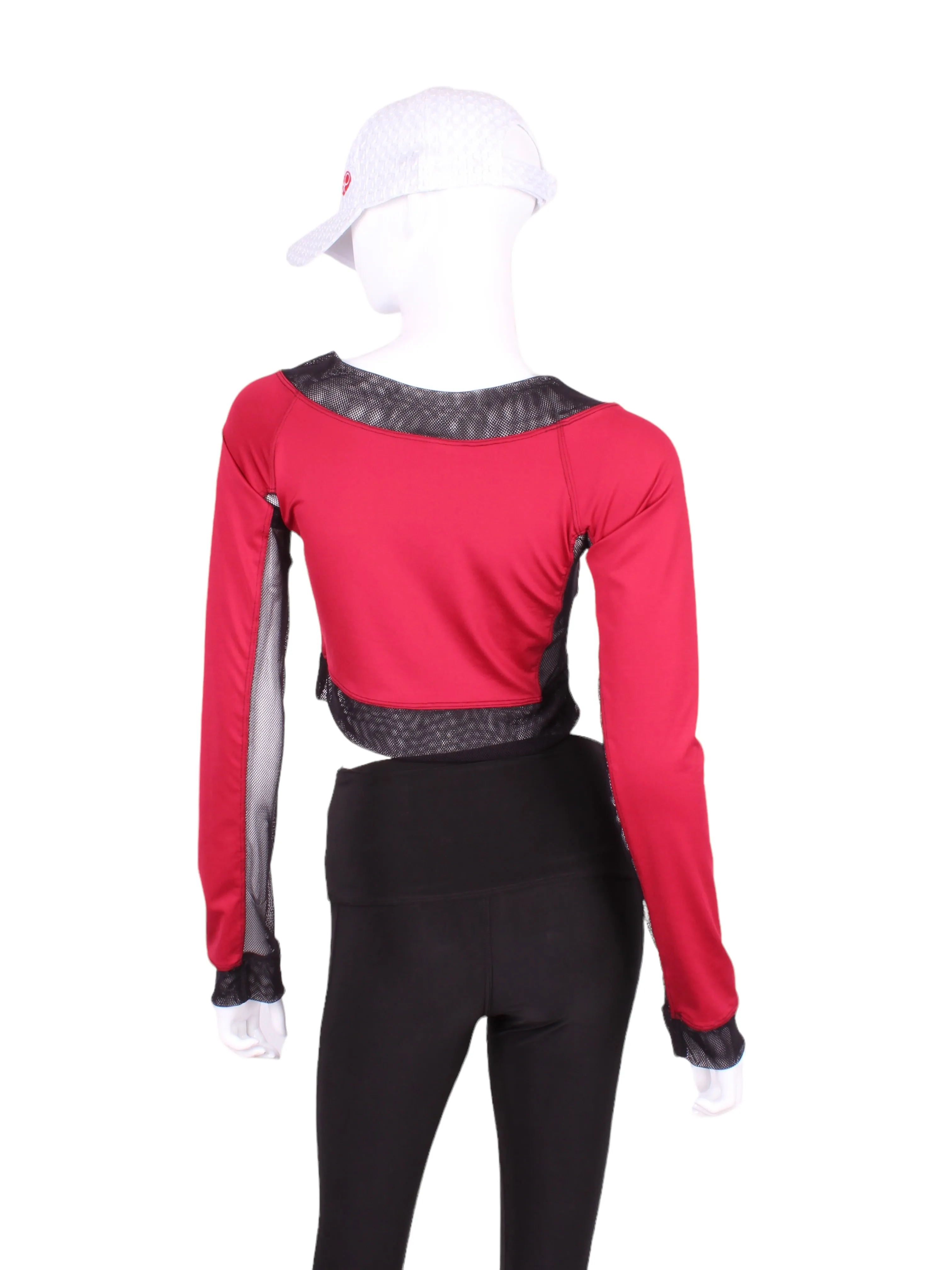 Raspberry Red Vee Crop Top With Black Mesh