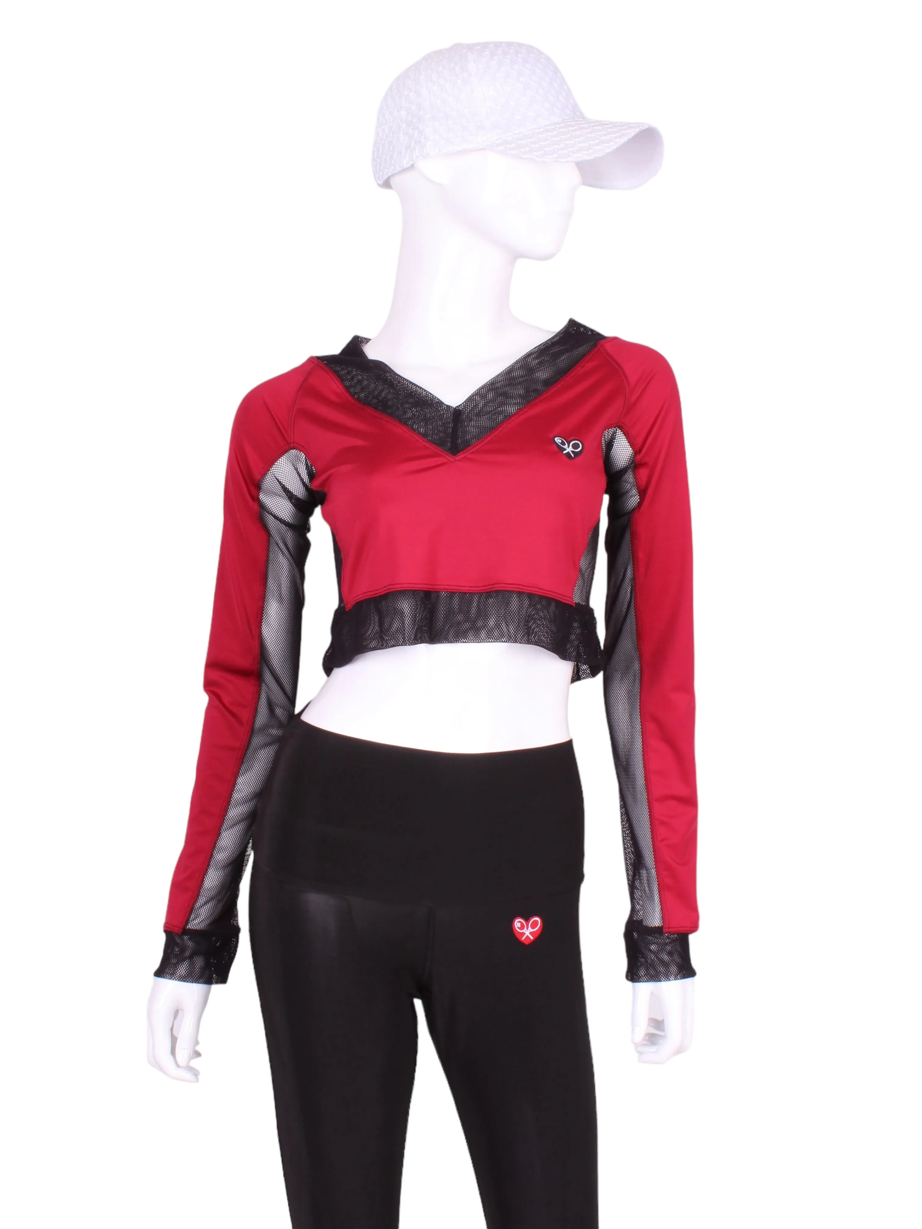 Raspberry Red Vee Crop Top With Black Mesh