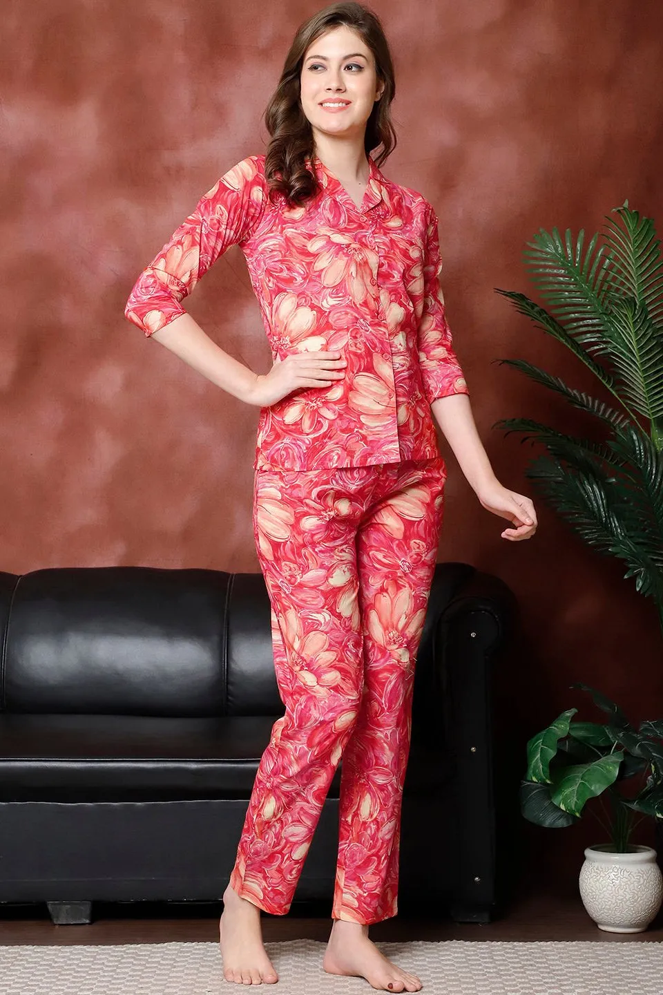 Red Floral Printed Pure Cotton Night Suit for Women | S-XXL | Claura