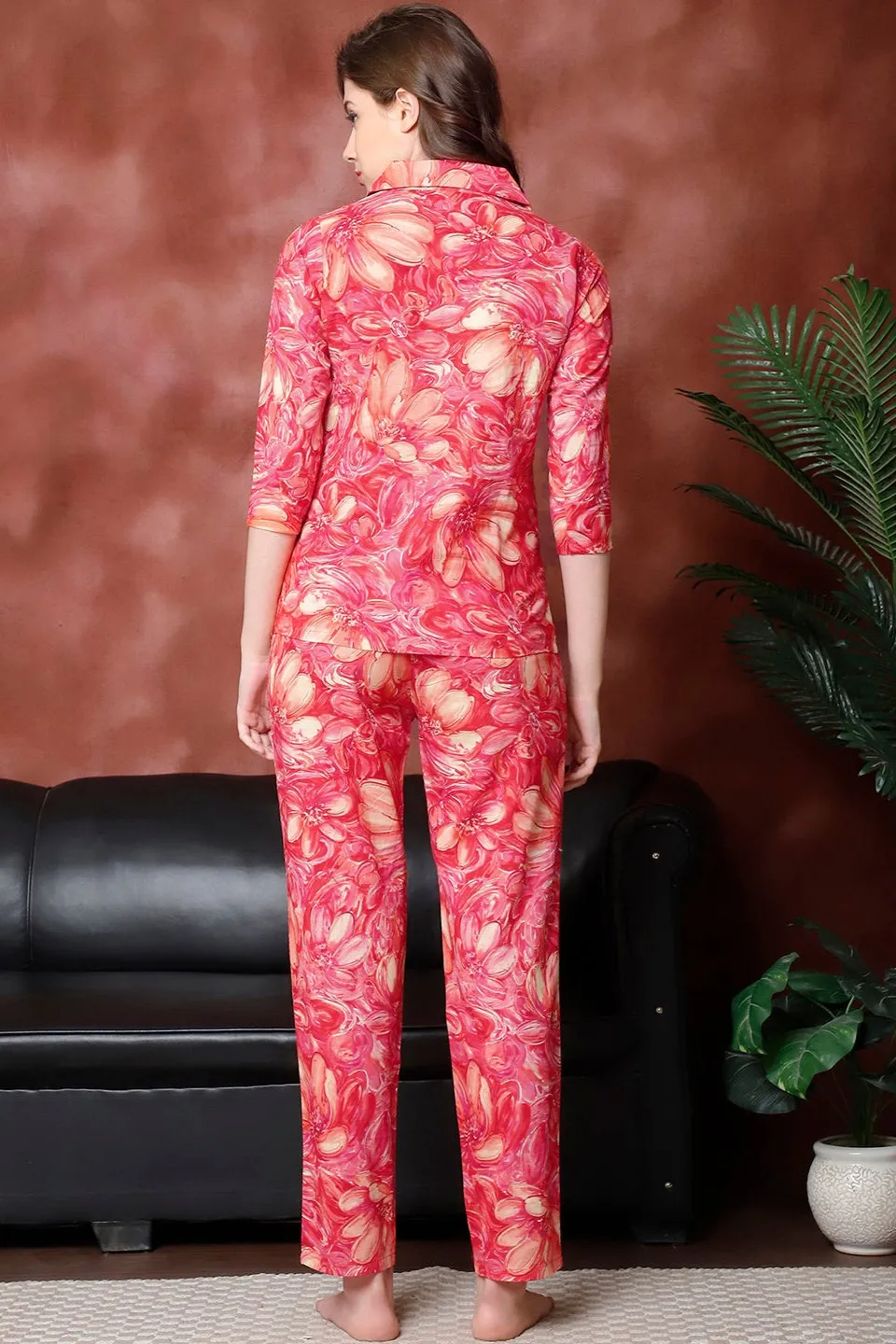 Red Floral Printed Pure Cotton Night Suit for Women | S-XXL | Claura