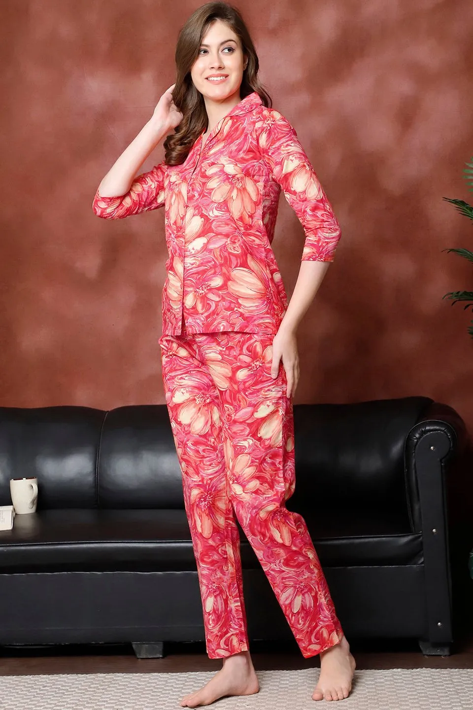 Red Floral Printed Pure Cotton Night Suit for Women | S-XXL | Claura
