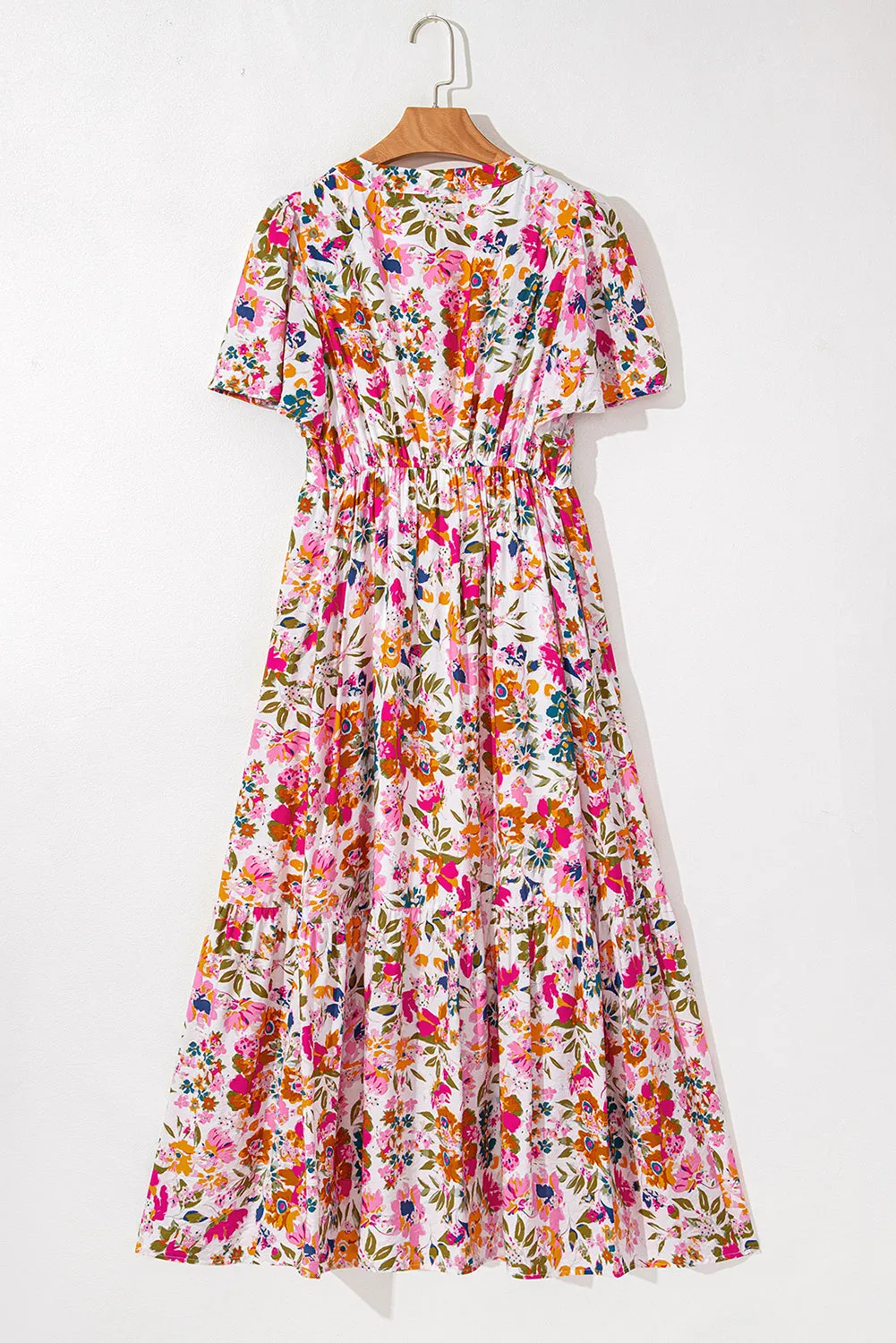 Red Floral Short Sleeve V Neck High Waist Maxi Dress