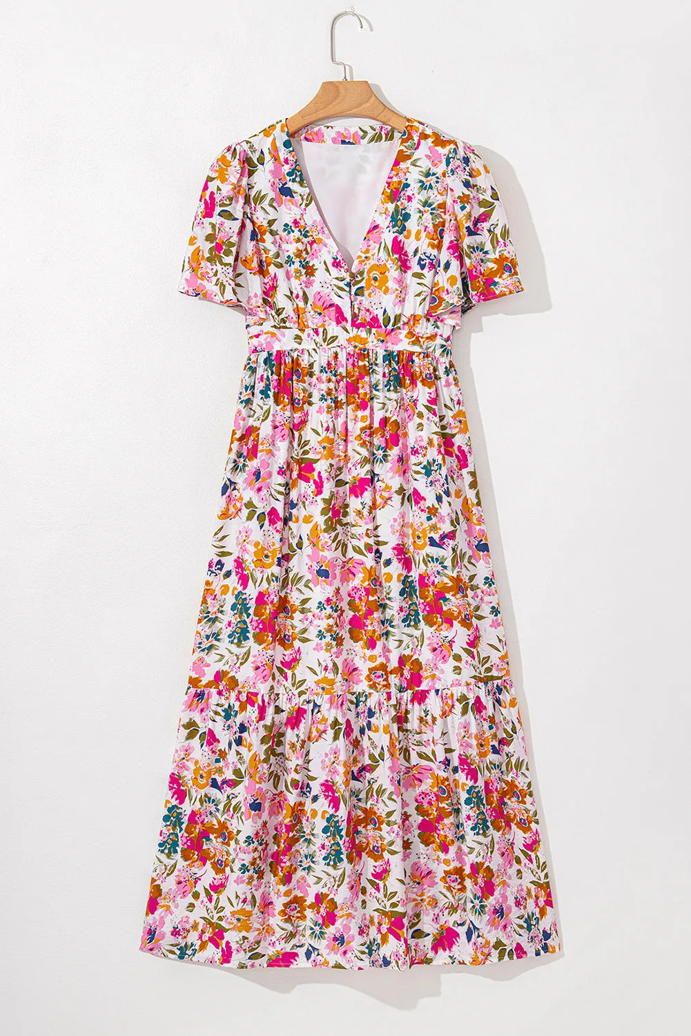 Red Floral Short Sleeve V Neck High Waist Maxi Dress