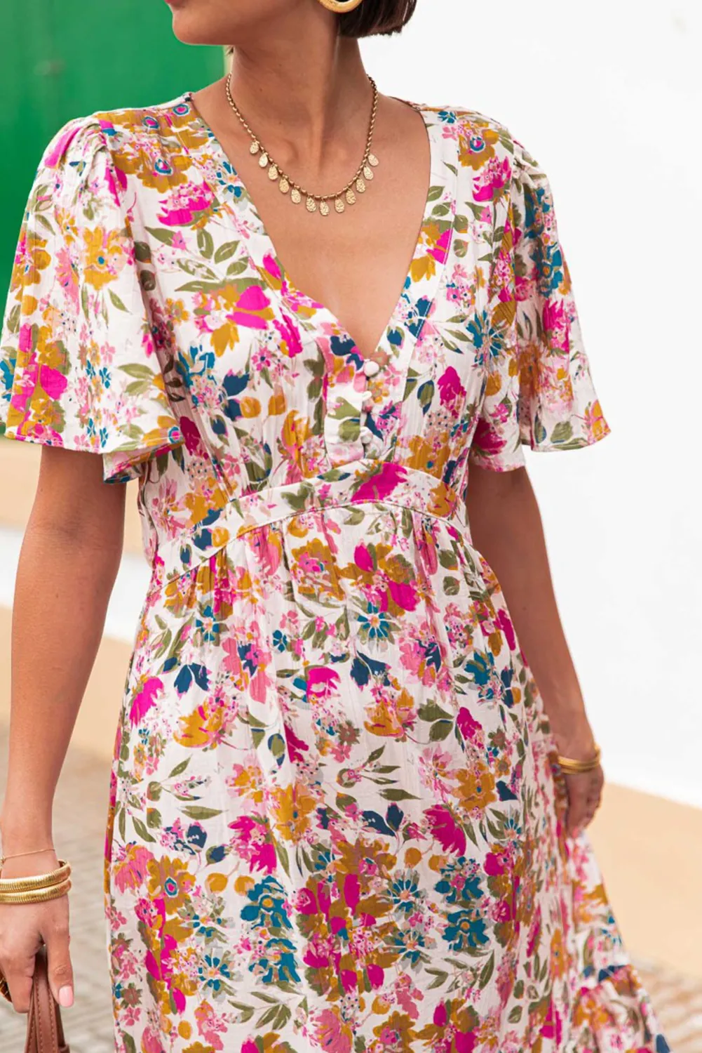 Red Floral Short Sleeve V Neck High Waist Maxi Dress