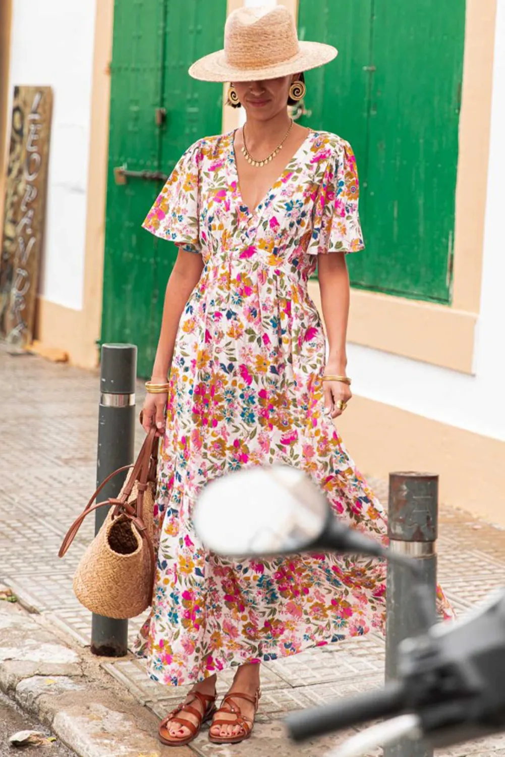 Red Floral Short Sleeve V Neck High Waist Maxi Dress