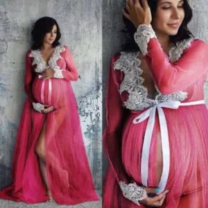 Red Maternity Photoshoot Lace on Mesh Gown Robe