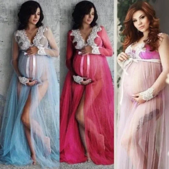 Red Maternity Photoshoot Lace on Mesh Gown Robe