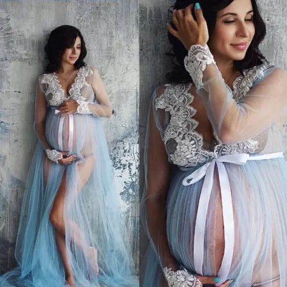 Red Maternity Photoshoot Lace on Mesh Gown Robe