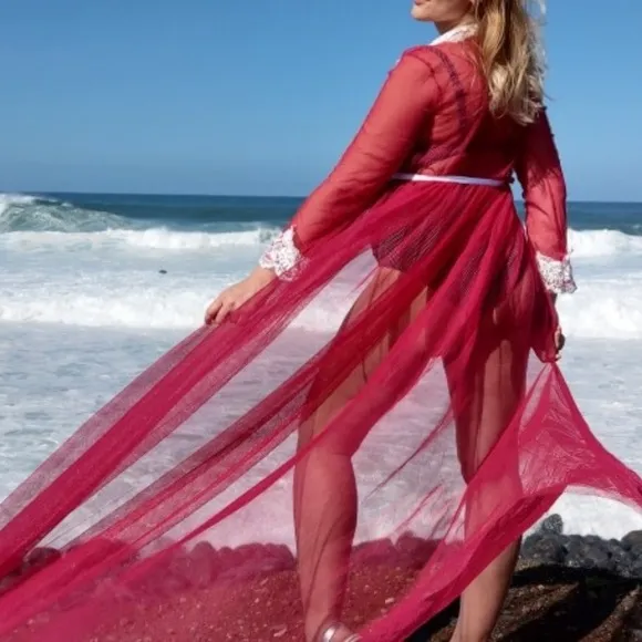 Red Maternity Photoshoot Lace on Mesh Gown Robe