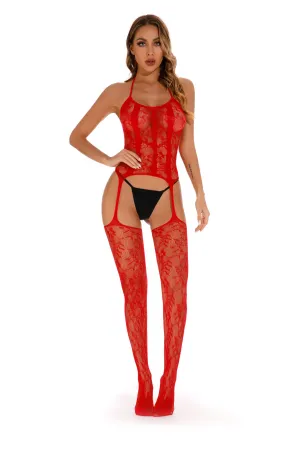 Red One Size Fit Women's Elegantly Embroidered - Sleepwear Lingerie Bodysuits with G-String