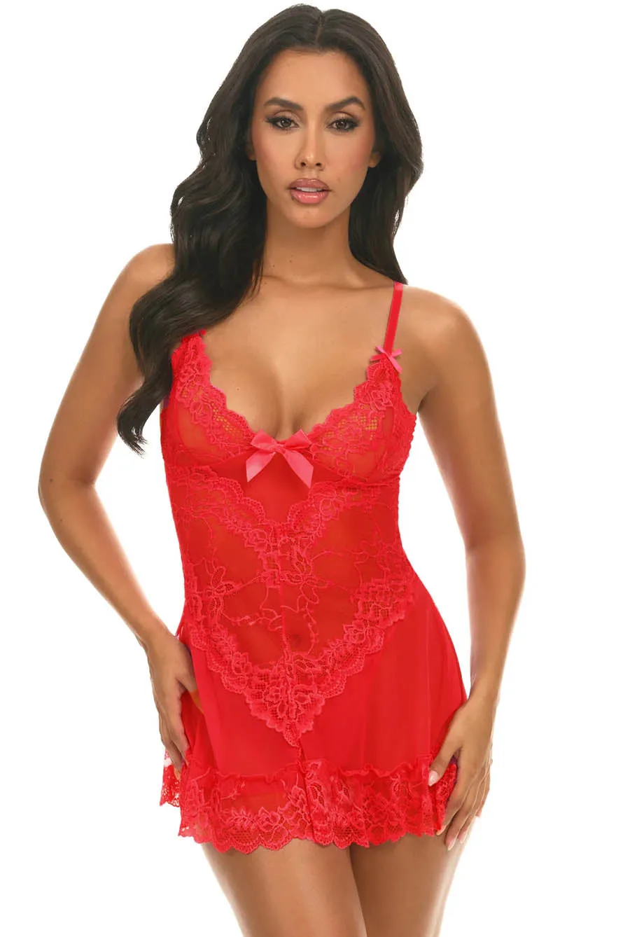 Red Sheer Mesh & Lace Women's Babydoll Set