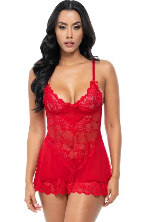 Red Sheer Mesh & Lace Women's Babydoll Set