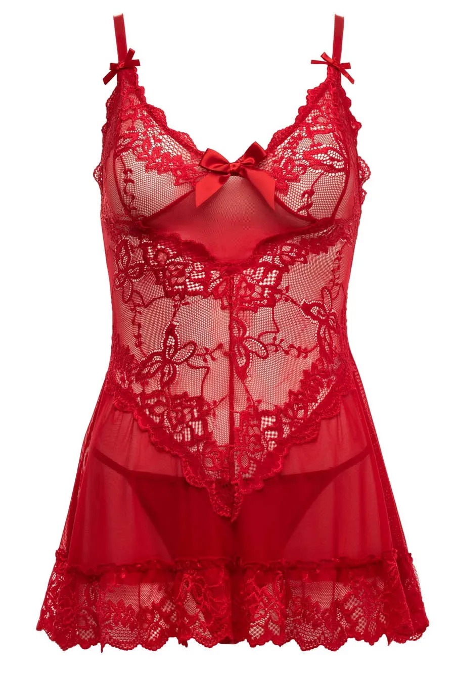 Red Sheer Mesh & Lace Women's Babydoll Set