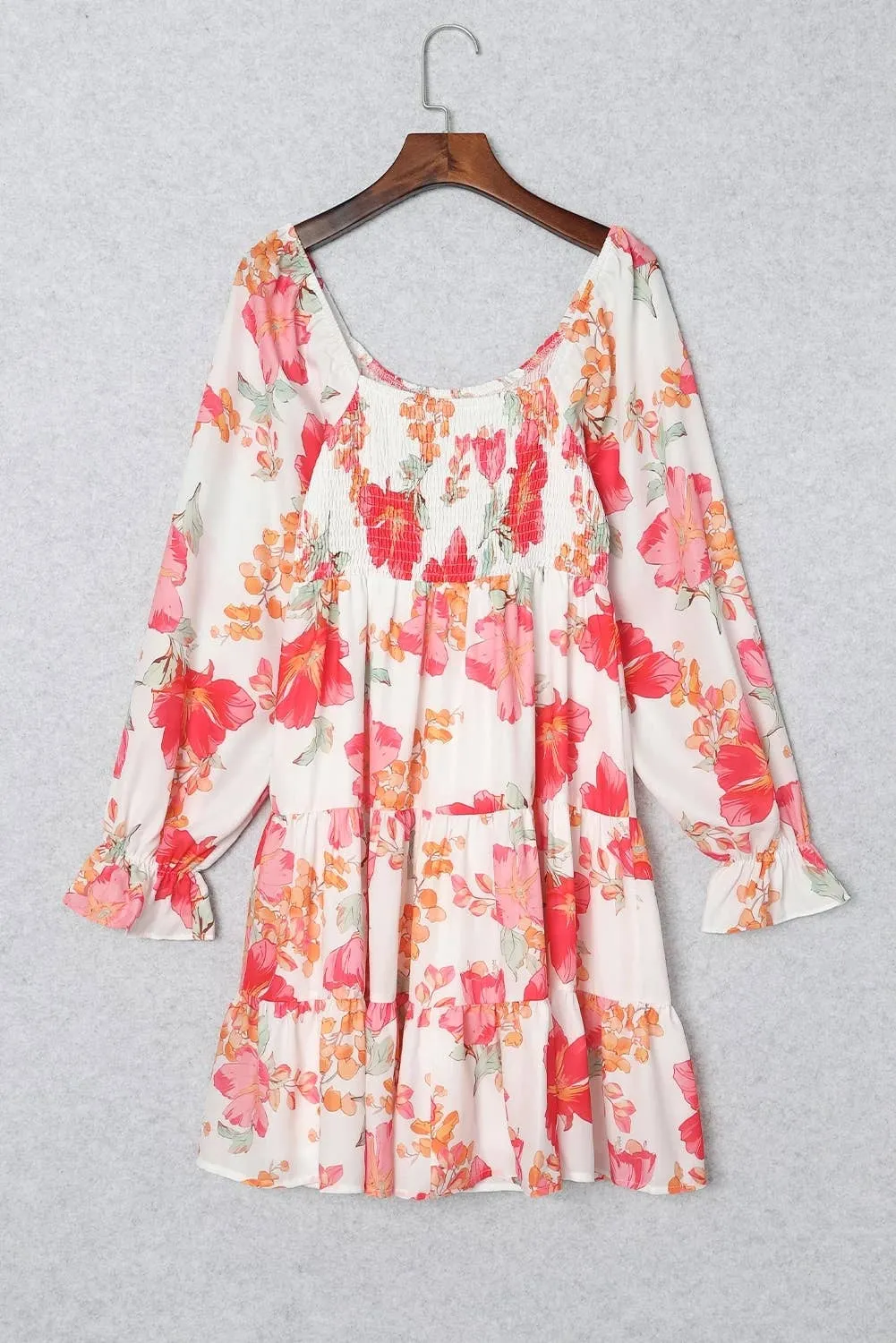 Red Smocked Tiered Floral Dress: Red