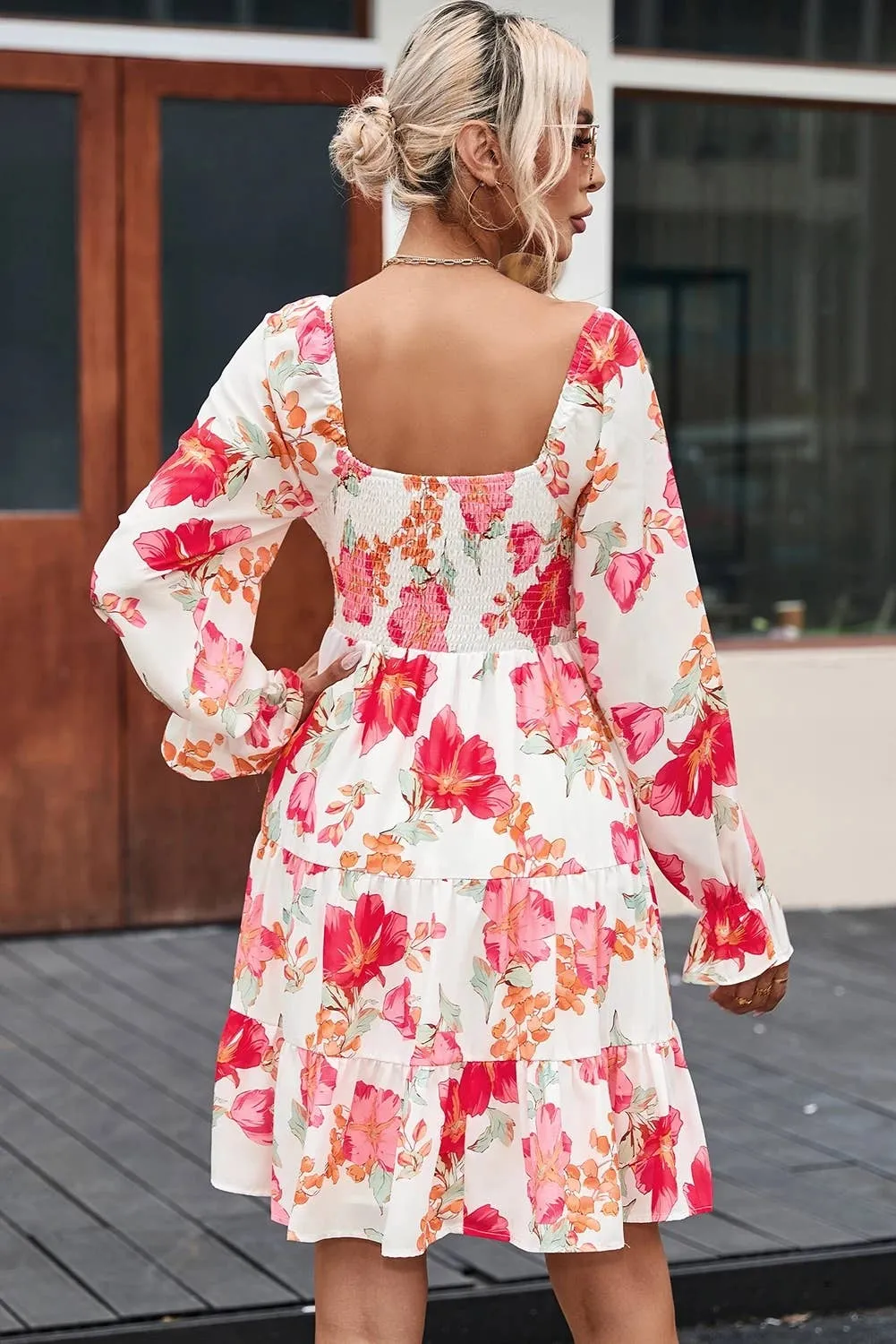Red Smocked Tiered Floral Dress: Red