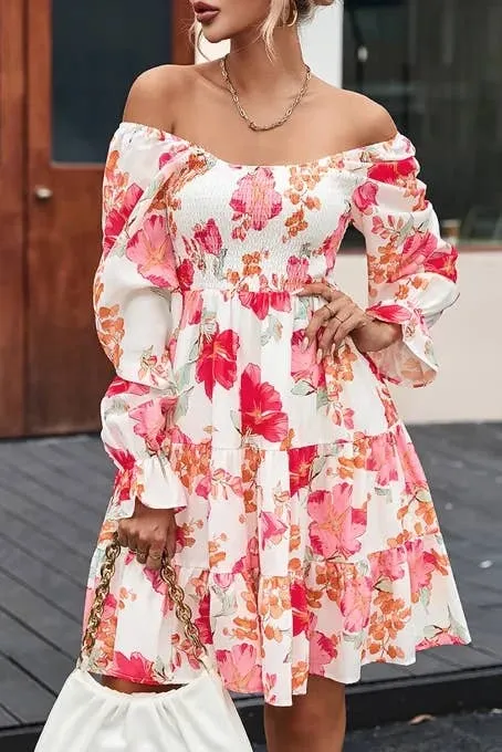 Red Smocked Tiered Floral Dress: Red