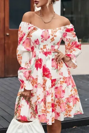 Red Smocked Tiered Floral Dress: Red