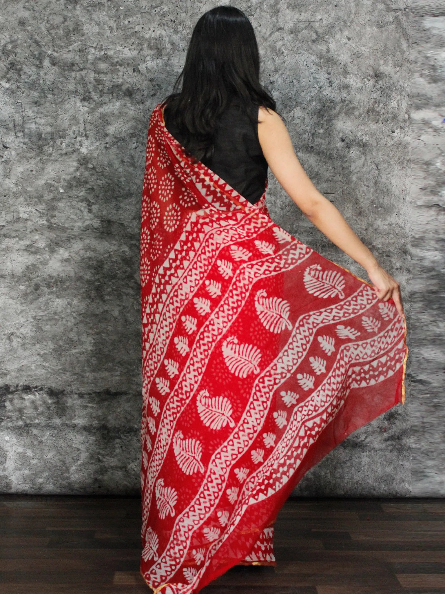 Red White Hand Block Printed Chiffon Saree with Zari Border - S031703123