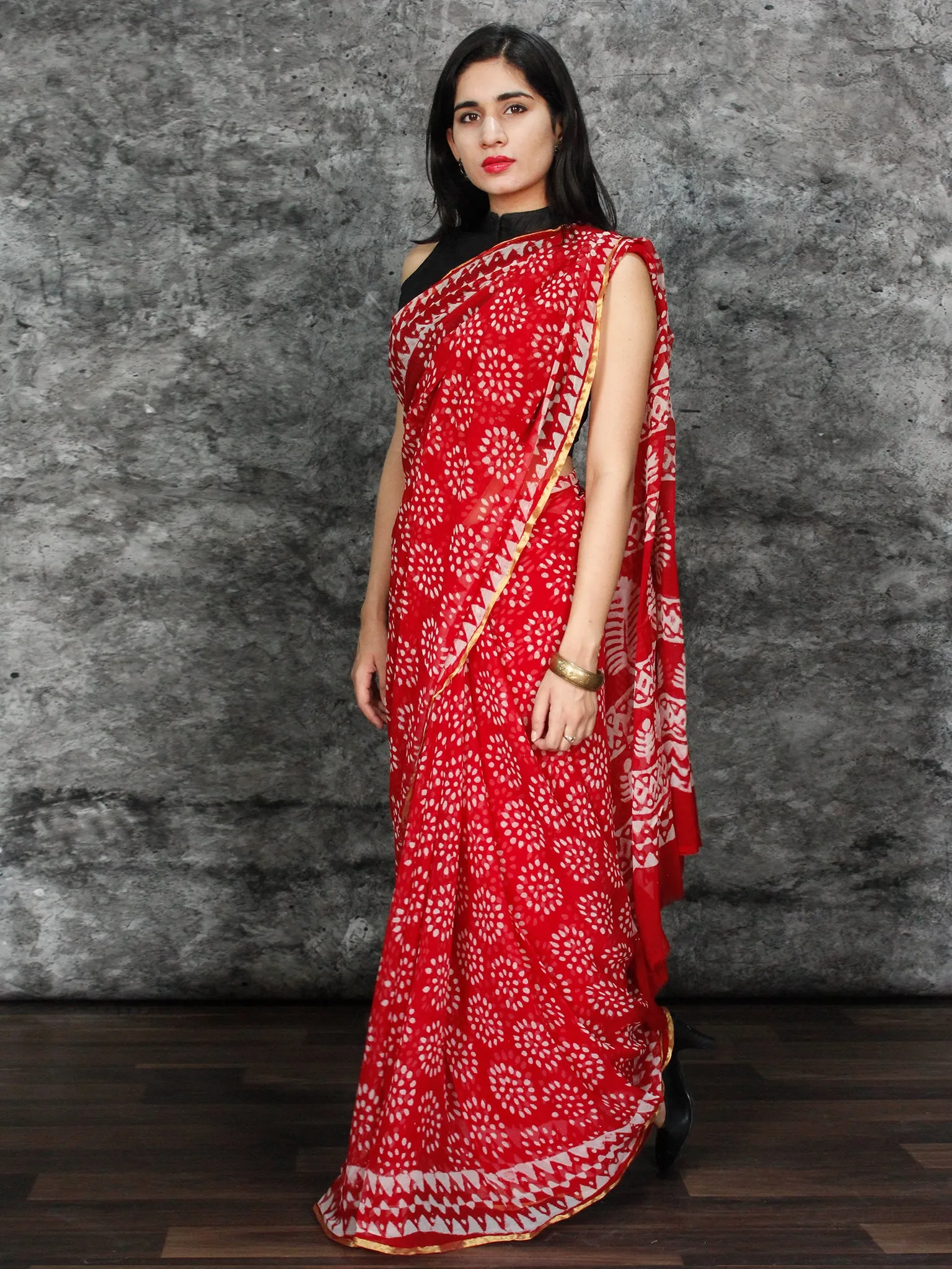 Red White Hand Block Printed Chiffon Saree with Zari Border - S031703123