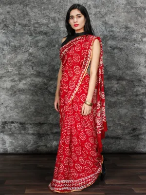 Red White Hand Block Printed Chiffon Saree with Zari Border - S031703123