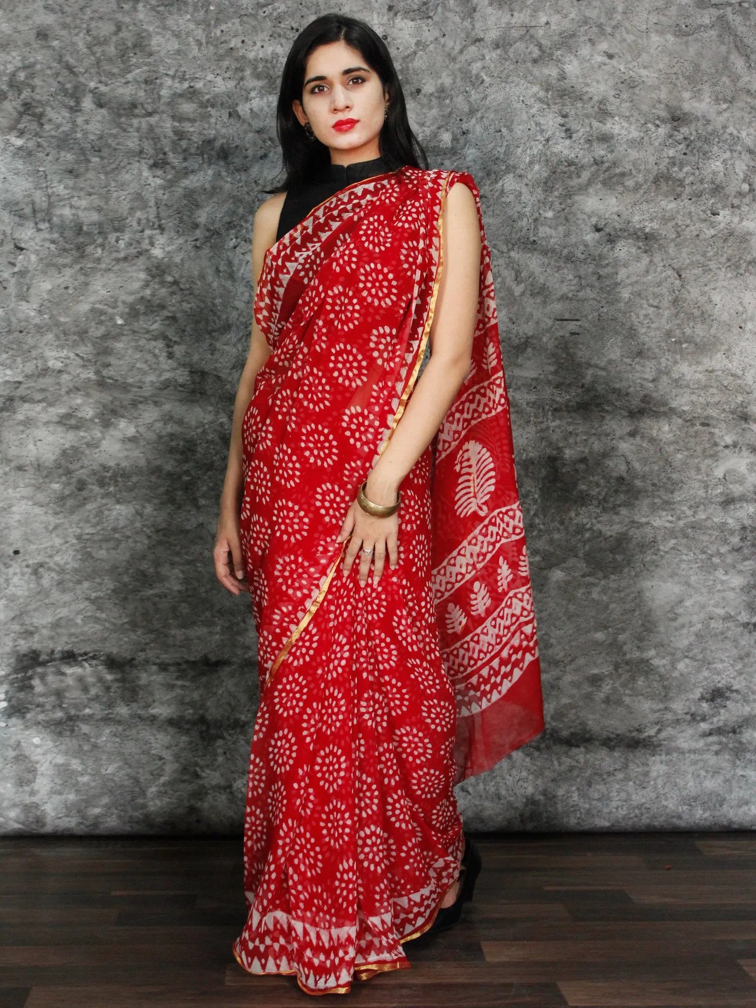 Red White Hand Block Printed Chiffon Saree with Zari Border - S031703123