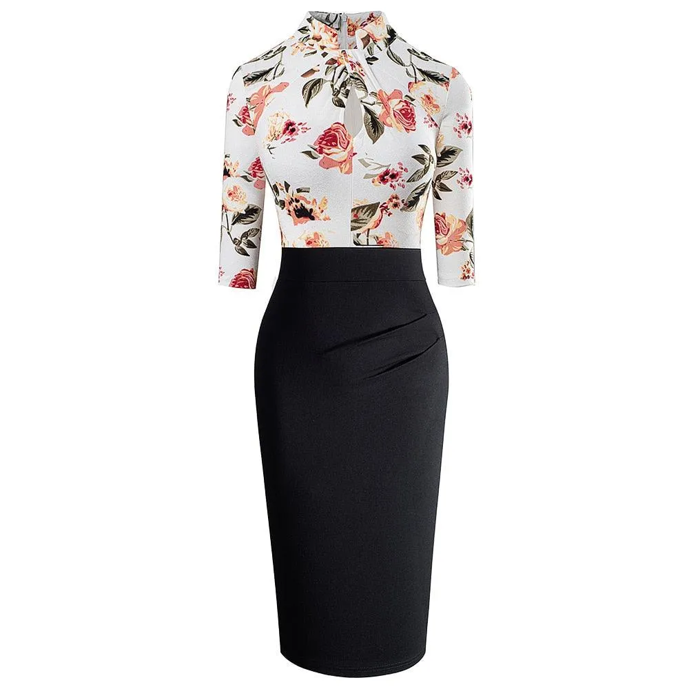 Retro Women Work Office Business Sheath Slim Bodycon Formal Stand Collar With Key Hole Pencil Summer Dress HB430