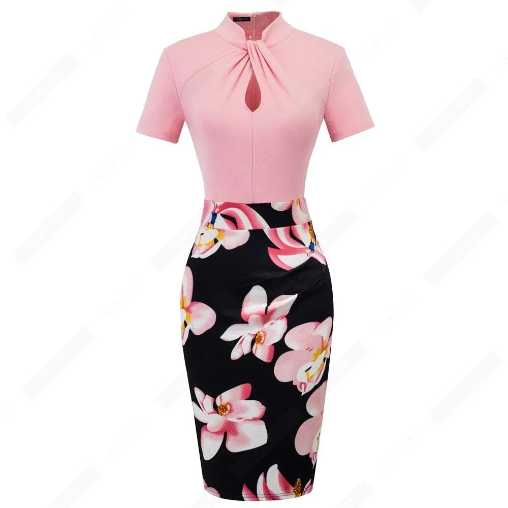 Retro Women Work Office Business Sheath Slim Bodycon Formal Stand Collar With Key Hole Pencil Summer Dress HB430