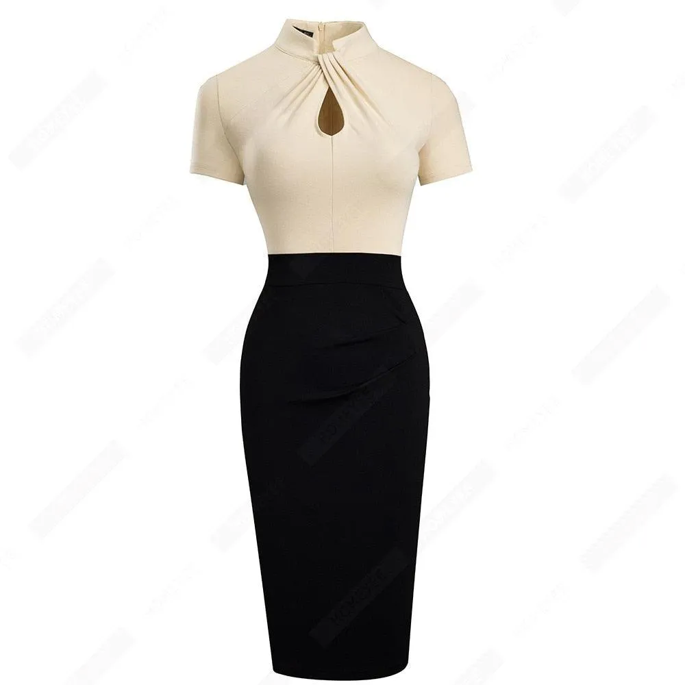 Retro Women Work Office Business Sheath Slim Bodycon Formal Stand Collar With Key Hole Pencil Summer Dress HB430