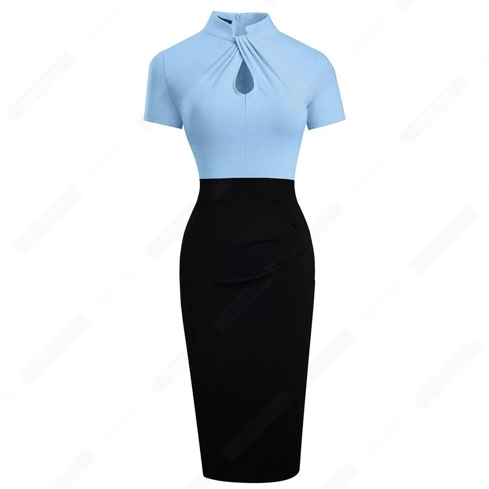 Retro Women Work Office Business Sheath Slim Bodycon Formal Stand Collar With Key Hole Pencil Summer Dress HB430