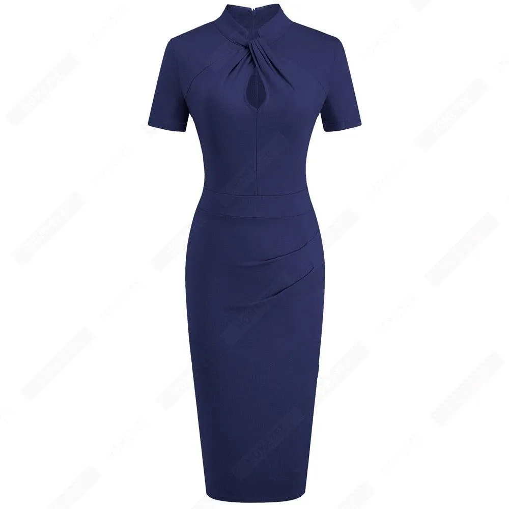 Retro Women Work Office Business Sheath Slim Bodycon Formal Stand Collar With Key Hole Pencil Summer Dress HB430