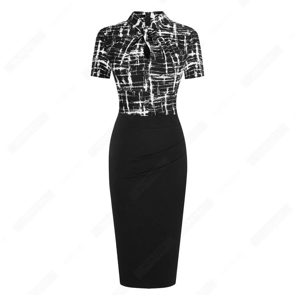 Retro Women Work Office Business Sheath Slim Bodycon Formal Stand Collar With Key Hole Pencil Summer Dress HB430