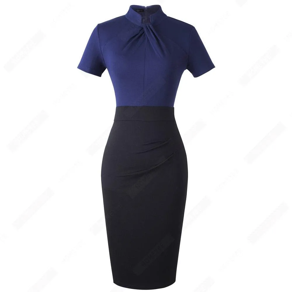 Retro Women Work Office Business Sheath Slim Bodycon Formal Stand Collar With Key Hole Pencil Summer Dress HB430
